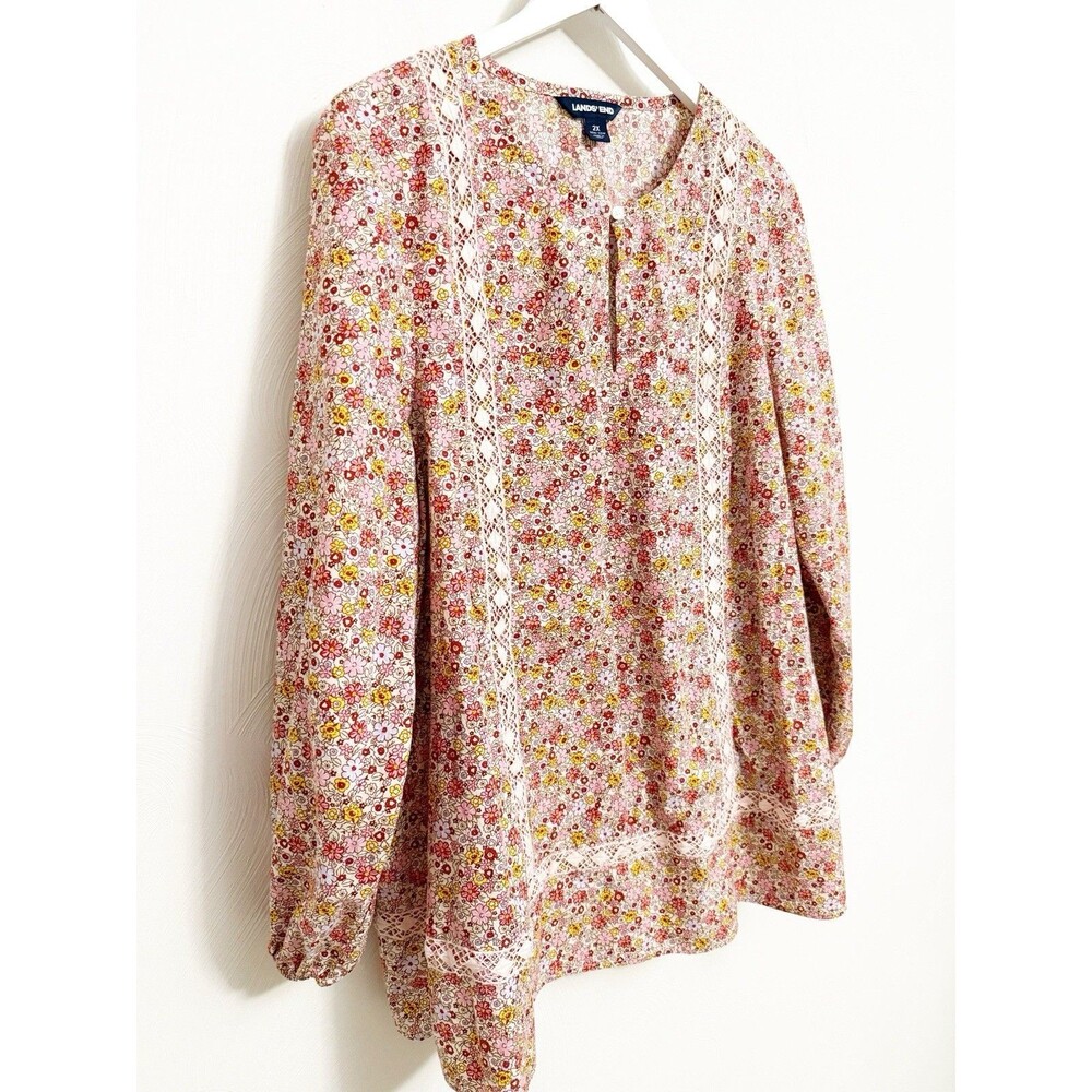 Lands' End Women's Cotton Tunic Top Ditsy Floral Long Sleeve w/ Lace Detail 2X - Picture 7 of 15